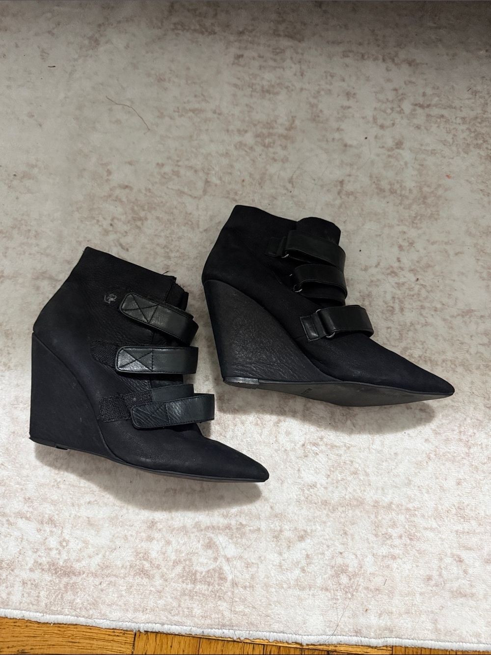 Aldo Black Pointed Wedge Ankle Boots with Triple Straps